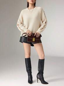 Heiryn Áo len dệt kim rỗng trang trí nơ đa năng thời trang nữ, Thu/Đông - Màu be - Xem 3