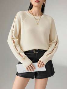 Heiryn Áo len dệt kim rỗng trang trí nơ đa năng thời trang nữ, Thu/Đông - Màu be - Xem 4