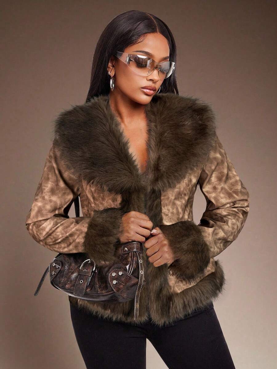 Radiana 复古卡其色PU拼接毛领修身夹克，秋冬季复古时尚短款PU外套 - 卡其色 - 查看 1