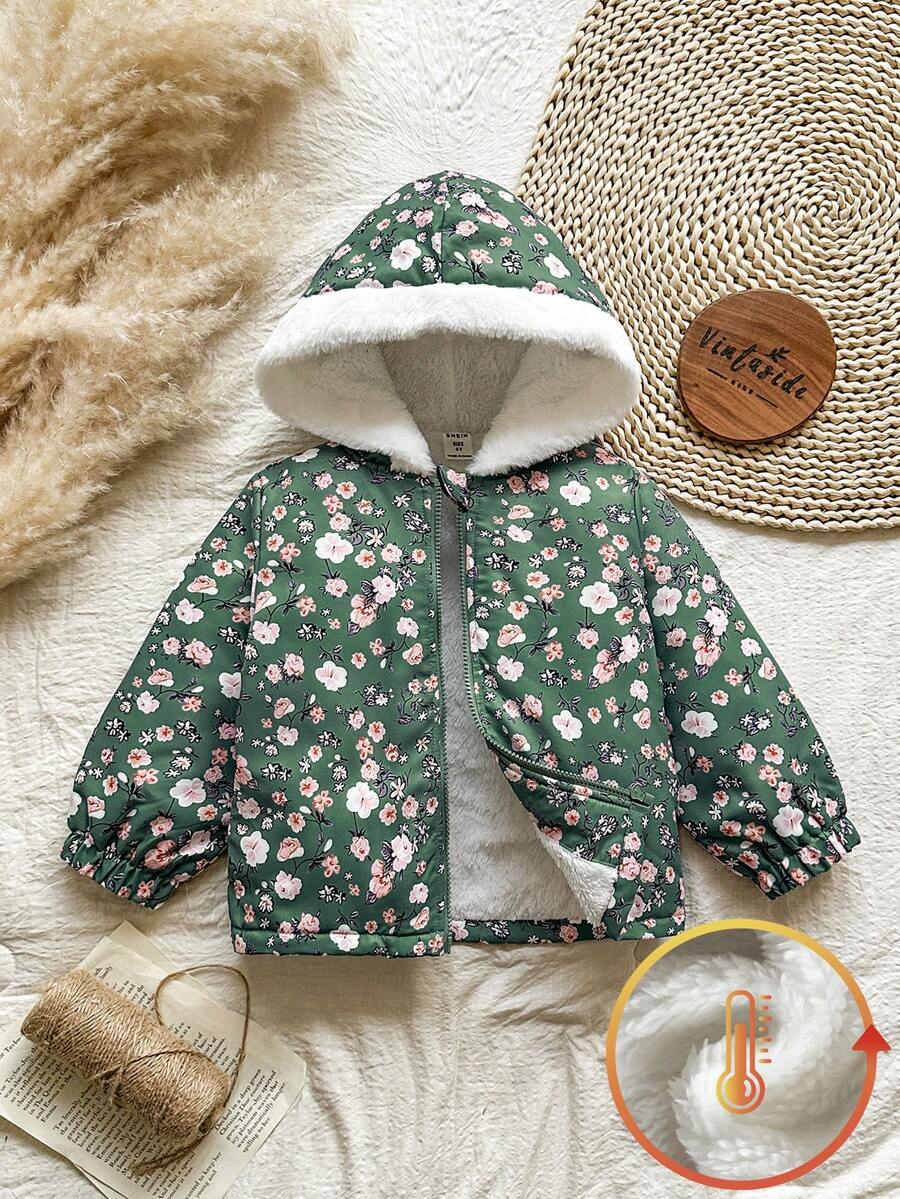 SHEIN Vintaside Kids Áo khoác nỉ có mũ trùm đầu in hoa mùa đông cho bé gái - màu xanh lá - Xem 1