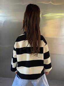 DAZY Young Girl' Striped Knit Collared Sweatshirt, Fall - Black and White - View 3