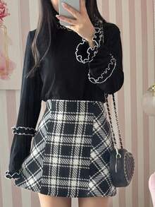 FRIFUL Áo thun nữ cổ tròn tay dài viền bèo nhún đa năng thường ngày - Xám - Xem 5