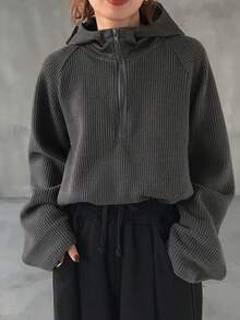 FRIFUL Women's Waffle Texture Fabric Half-Zip Hooded Loose Sweatshirt - Grey - View 6