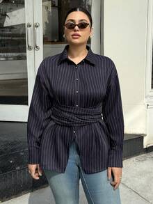Dripcurv Women's Plus Elegant Waist Cinched Long Sleeve Shirt,Striped Blouse,Navy Blue,Autumn,Smart Casual,Everyday,Slim Fit Button Top For Business,Vacation - Navy Blue - View 3