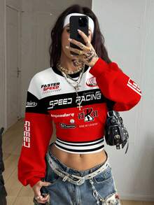 Coolane 这款休闲简约街头复古风红黑撞色赛车图案印花保暖卫衣，适合秋冬季节穿着，风格百搭，兼具复古、学院风、性感、可爱、Y2K、椰子女孩、波西米亚风、嬉皮风和音乐节元素。 - 彩色 - 查看 4