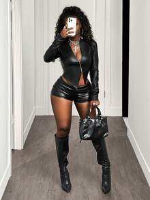 BamGleam Women's Fashion Zipper Oblique Collar Slim Fit Jacket,Winter ;Winter Clothes For Women , Winter , - Black - View 6