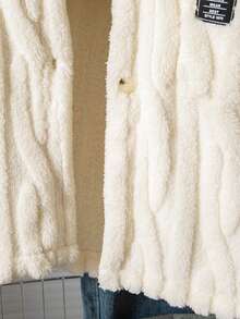 Sparklyn 1 件青少年女孩休闲连帽加厚羊毛夹克，宽松版型，经典白色，正面全拉链带纽扣，舒适的长外套，纹理针织设计，带有黑色英文文字装饰，适合上学、通勤、度假、旅行、返校、音乐节、秋冬 - 米色 - 查看 4