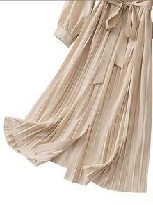 SHEIN Clasi Große Größen Elegantes, lässiges Hemdkleid mit Bindung in der Taille und Falten für Damen, Langarm - Aprikosenfarben - Übersicht 9