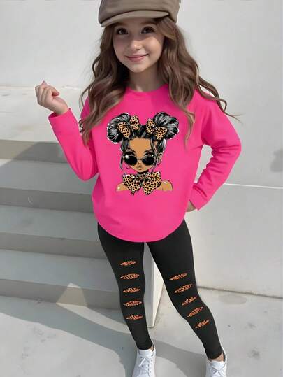 SHEIN Höst/Vinter Unga Flickor Casual Mode Kreativ Personlig Fräsch Minimalistisk Söt Kawaii Flick Silhuett Snygg Mönster Tryck Långärmad T-shirt Och Byxor 2-Delad Mysig Höst- & Vinteroutfit