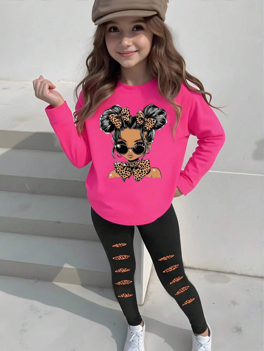 SHEIN Autumn/Winter Young Girls Casual Fashion Creative Personalized Fresh Minimalist Cute Kawaii Girl Silhouette Stylish Pattern Print Long Sleeve T-Shirt And Pants 2-Piece Cozy Fall & Winter Outfit - Multicolor - View 1