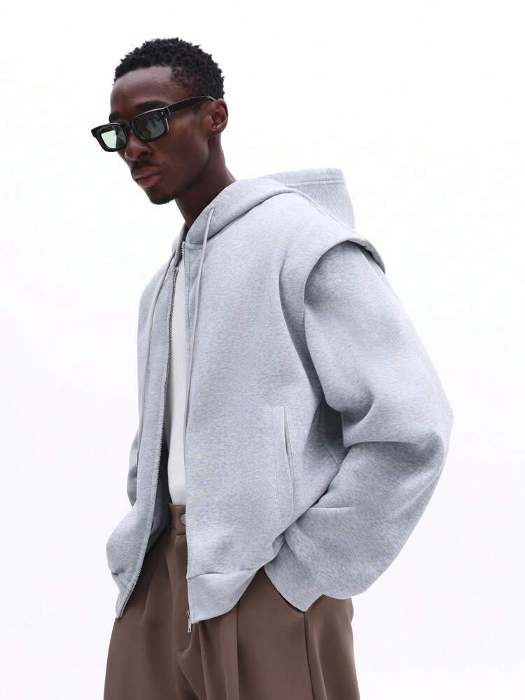 플리츠 디테일이 있는 풀 지퍼 후드 티셔츠