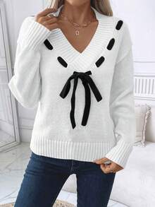 EMERY ROSE 女士休闲系带落肩毛衣，秋冬款 - 白色 - 查看 5