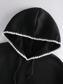 GlowEve CURVE 大码女式抽绳口袋休闲连帽卫衣，荷叶边装饰，长袖 - 黑色 - 查看 6