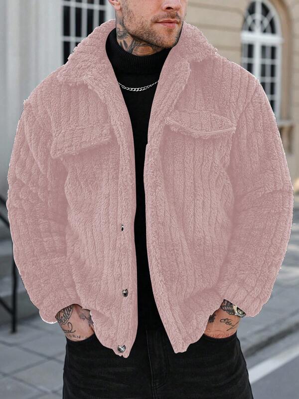 Manfinity CasualCool Manfinity Flap Detail Button Front Flannel Jacket Men Knitted Button Up Cropped Men Jacket Men Shacket Oversized Jacket Streetwear Jacket