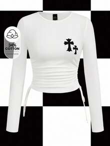 Shutterstock Y2Kool 女士交叉印花抽绳修身长袖上衣图案露脐上衣白色露脐上衣修身露脐上衣长袖露脐上衣搭配建议冬季时尚服装系列新年穿搭棉质 - 白色 - 查看 1