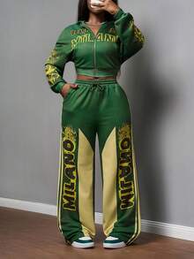 Slaydiva 2025 Höst- och vinternytt Street Casual Loose Fit Grön Mönstertryck Beskuren Långärmad Kofta Sweatshirt + Hög Midja Vida Byxor Dam Tvådelat Set, Lämpligt För Dagliga Utflykter, Vännersammankomster, Halloween, Fest Streetmode, Brunchkläder, Höst- och Vinter Varmt Set, Jul - Grön - Visa 3