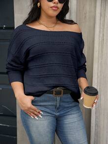 SHEIN CURVE+ 大码女式套头毛衣，宽松圆领针织衫，休闲舒适风格，适合秋冬季、万圣节、圣诞节、返校季穿着。 - 寶藍色 - 查看 8