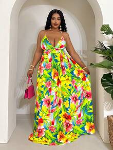 Veslaya 2025 春夏新品日常穿着、生日、休闲、度假、海滩、旅行、热带花卉印花高腰 A 字型无袖大码连衣裙 - 彩色 - 查看 7