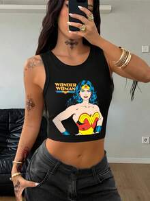 DC Women Core X SHEIN Women's Casual Hero Cartoon Character And Letter Printed Tank Top, Summer Suitable For Going Out - Black - View 8