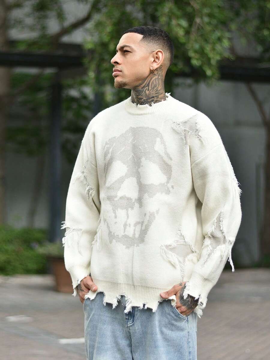 Devon Thys ANDREILEE Men Skull Print Distressed Fringed Crew Neck Casual Sweater, Emo, For Fall Winter - Apricot - View 1