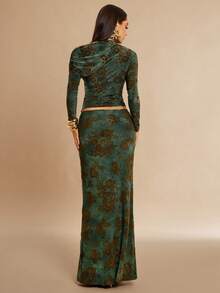 Silquee Váy chữ H cạp cao họa tiết hoa nhung xanh lá cây thời trang thu đông thanh lịch gợi cảm dành cho nữ - màu xanh lá - Xem 5