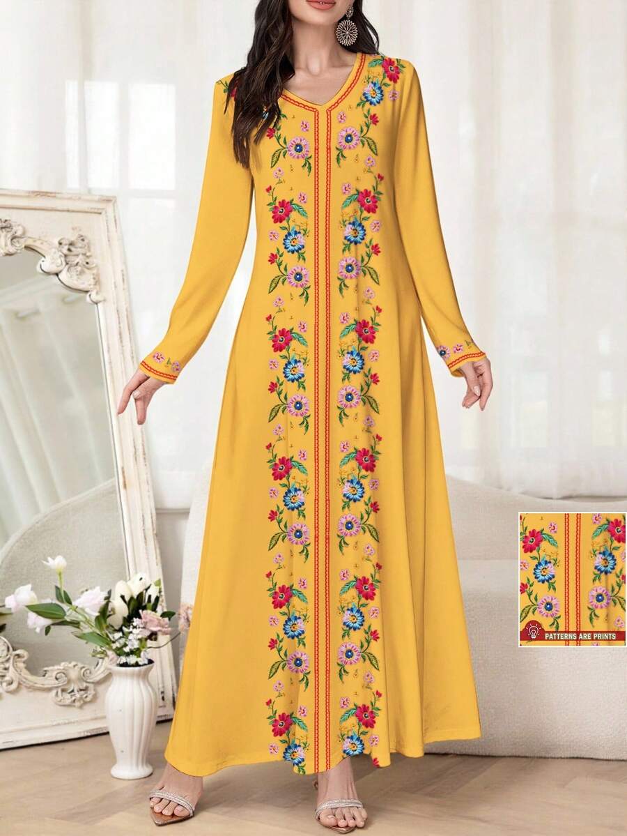 Al Najma 优雅女士V领春秋季针织长袖印花连衣裙，适合约会、度假、日常穿着、休闲、派对、节日等场合，秋季女士长裙，飘逸长裙，印花长裙/复古连衣裙，植物印花连衣裙，黄色连衣裙 - 黃色 - 查看 1