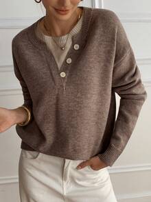 DAZY Casual Color Block Henley Neck Pullover, Soft Knit 2 In 1 Sweater For Women - Mocha Brown - View 6