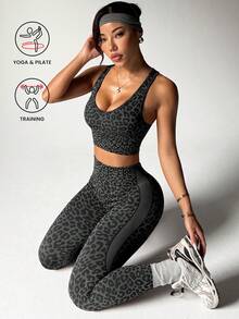 Slayform 1 Set Women Leopard Print Twist V-Neck Tank Top And Leggings Yoga Workout Running Sports Suit - Black - View 1