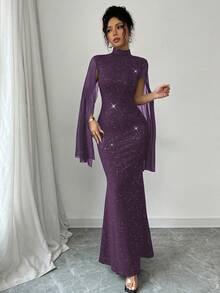 Rafferiza 女士高领亮片网纱开衩披肩式长袖收腰鱼尾下摆连衣裙长裙套装 - 紫色 - 查看 8