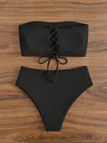 Swim Vcay 夏季沙灘純色無肩帶高腰比基尼 - 黑色 - 查看 2