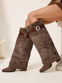 CUCCOO CHICEST Women's Fashionable Commuter Fluffy Chunky Heel Knee-High Boots Valentine's Day - Coffee Brown - View 1