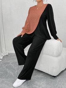 EMERY ROSE Plus Size Crew Neck Long Sleeve Soft Knit Ribbed Colorblock Asymmetrical Patchwork Top And Soft Knit Ribbed Straight Leg Pants Casual Loungewear 2 Pieces Set - Multicolor - View 3