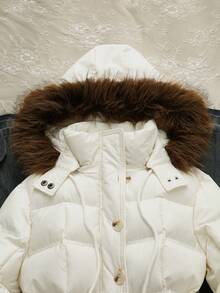 Glimmora Fashionable Retro Y2K White Hooded Faux Fur Collar Waist Cropped Down Jacket - White - View 3