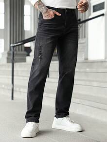 Manfinity Homme Men's Pocket Distressed Straight Loose Casual Versatile Jeans - Black - View 6