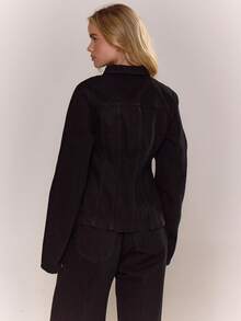 MUSERA Washed Bleached Denim Paneled Zip Down Collared Jacket Only Old Money Cute Country Cottage Core Back To School Casual For Women Butterscotch Back To School Office Work Winter Chic Spring Summer - Black - View 5