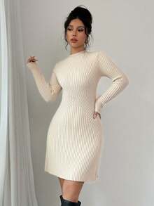 Rafferiza Fitted Ribbed Knit Sweater Dress, Round Neck - Apricot - View 4