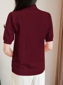 EMERY ROSE 纯色高领优雅通勤时尚短袖针织上衣 - 酒紅色 - 查看 2
