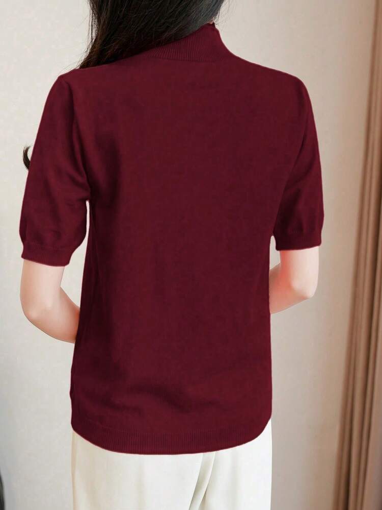 EMERY ROSE 纯色高领优雅通勤时尚短袖针织上衣 - 酒紅色 - 查看 2