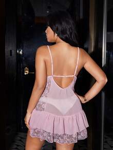 SilkySpell 性感时尚蕾丝拼接粉色大码睡裙，适合居家穿着 - 淺粉色 - 查看 2