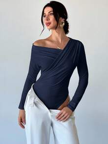 Firerie 女士优雅简约时尚不对称荷叶边领长袖露脐白色上衣，适合日常通勤、音乐节、度假等场合。 - 藏蓝色 - 查看 2