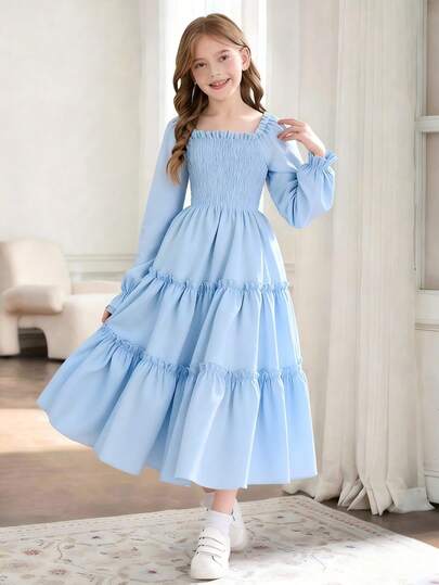 SHEIN Tween Girls' Solid Color Square Neck Puff Sleeve Shirred Waist Ruffled Hem French Sweet Midi Dress