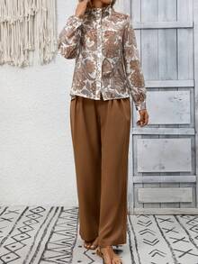 EMERY ROSE Women's Floral Print Long Sleeve Shirt And Pleated Wide Leg Pants Casual 2-Piece Set - Coffee Brown - View 6