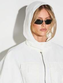 KIZN Women's Cropped Zip Up Hoodie Jacket With Adjustable Drawstring Hem And Ribbed Cuffs For Casual Layering - White - View 5