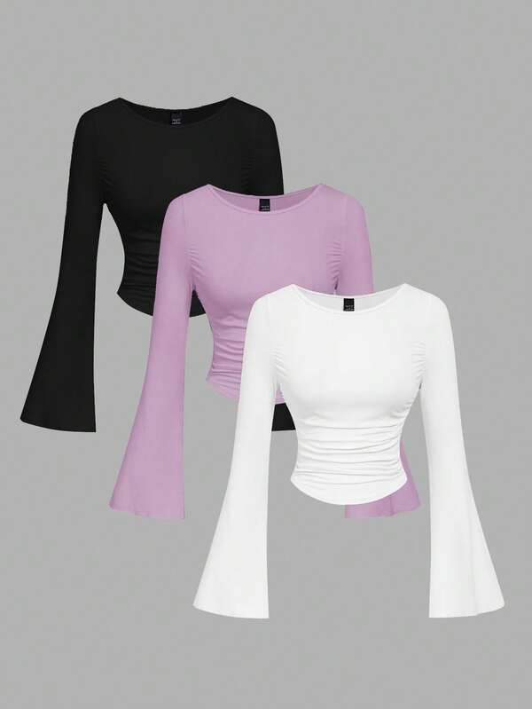 SHEIN MOD 3pcs Women Casual Solid Color Bell Sleeve Ruched T-Shirts Bell Sleeves