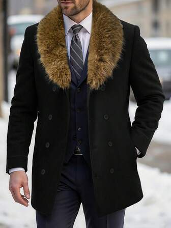 Manfinity Homme Men's Double-Breasted Detachable Fur Collar Black Casual Overcoat Men Long Coat Mens Black Coat Mens Coats Fur Collar Coat Mens Plus Fur  Luxury Coat Black Coat Winter Men Outerwear Daily Leisure, Weekend Trips, Outdoor Activities, Travel Expeditions, Relaxed Work Environments Or Semi-Formal Occasions,Boyfriend/Husband Gift, Anniversary Gift Mens Fur Collar Coat Mens Designer Coat Mens Stylish Coat