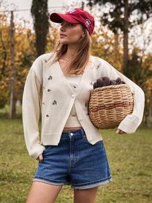 Cloudara Embrodery Flower Detail Cardigans And Embrodery Knit Top Women Sweater Co-Ords - Beige - View 8