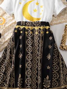 SHEIN Explorewe Tween Girls' Two Pieces Suit; Middle Eastern T-Shirt + Skirt Two Pieces Suit; Moon And Star Print, Simple And Versatile - Black - View 5