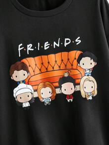 FRIENDS X SHEIN Plus Size Casual Cartoon Character & Letter Print Drop Shoulder Loose Sweatshirt, Spring & Autumn And Winter Fall - Black - View 2