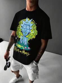 Rick and Morty X SHEIN 男士休闲趣味卡通字母印花短袖黑色 T 恤，夏季 - 黑色 - 查看 6