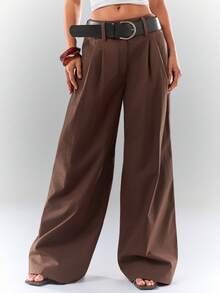 Glamine Quần dài thường ngày bằng cotton hữu cơ màu nâu dành cho nữ có thắt lưng đen, quần dài công sở thanh lịch màu nâu dành cho nữ - Cà phê nâu - Xem 8